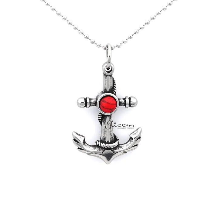 Glitters Necklaces Stainless Steel Anchor and Rope Pendant with Turquoises