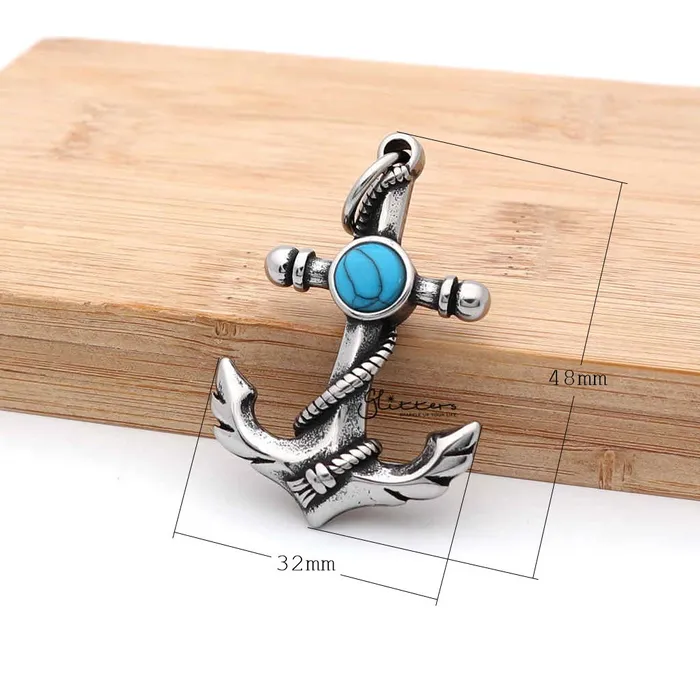 Glitters Necklaces Stainless Steel Anchor and Rope Pendant with Turquoises