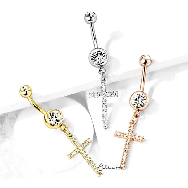 Glitters Rings 316L Surgical Steel Double Jeweled Belly Button Navel Ring with Dangle Crystal Paved Cross Glitters Rings 316L Surgical Steel Double Jeweled Belly Button Navel Ring with Dangle Crystal Paved Cross