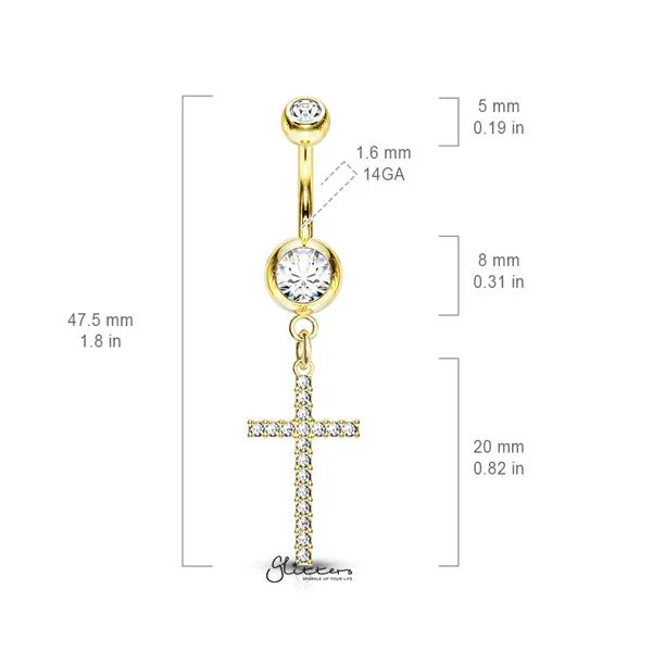 Glitters Rings 316L Surgical Steel Double Jeweled Belly Button Navel Ring with Dangle Crystal Paved Cross