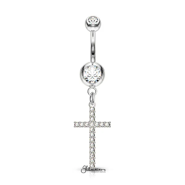 Glitters Rings 316L Surgical Steel Double Jeweled Belly Button Navel Ring with Dangle Crystal Paved Cross