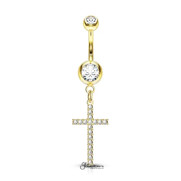 Glitters Rings 316L Surgical Steel Double Jeweled Belly Button Navel Ring with Dangle Crystal Paved Cross