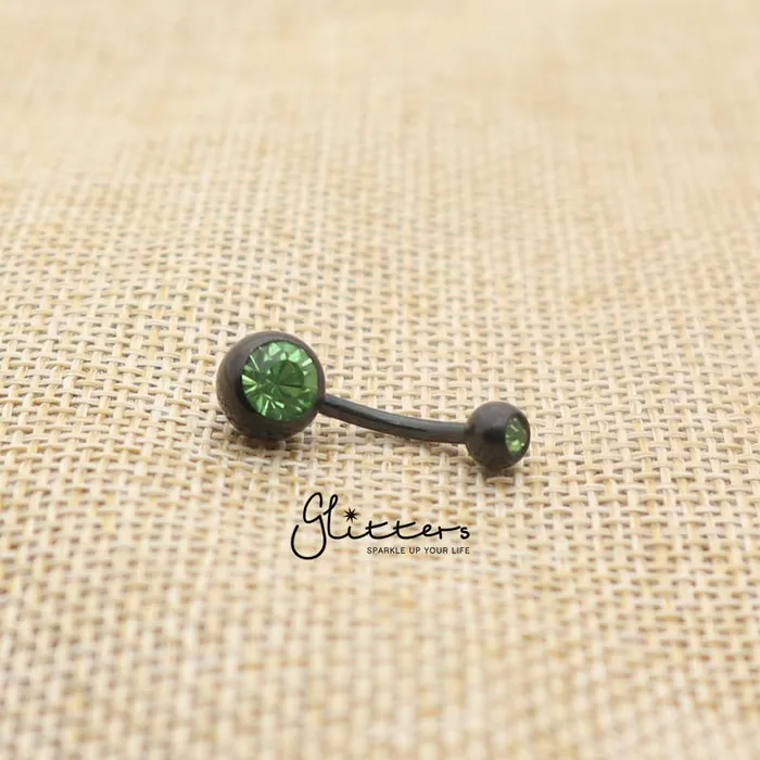 Glitters Rings Black Titanium IP Surgical Steel Double Gem Belly Button Ring Green Glitters Rings Black Titanium IP Surgical Steel Double Gem Belly Button Ring Green