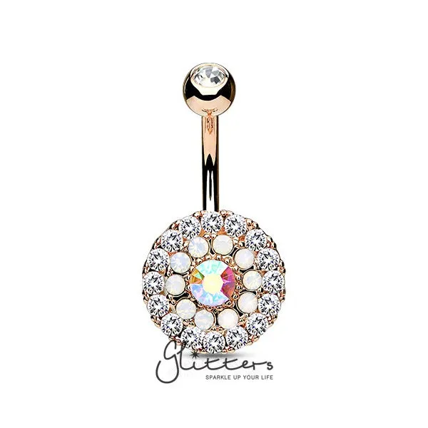 Glitters Rings Multi Circle Triple Tiered Crystal and Opalite Surgical Steel Navel RingRose Gold Glitters Rings Multi Circle Triple Tiered Crystal and Opalite Surgical Steel Navel RingRose Gold