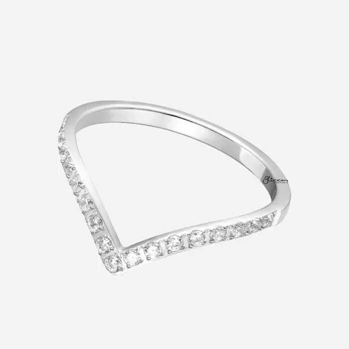 Glitters Rings Stainless Steel V Shape CZ Paved Ring Silver