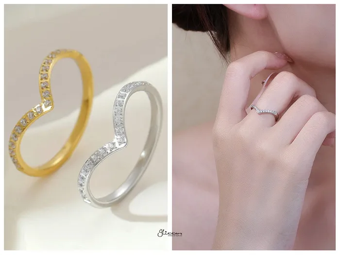 Glitters Rings Stainless Steel V Shape CZ Paved Ring Silver