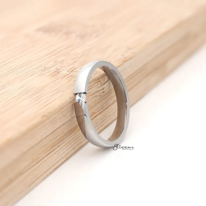 Glitters Rings Tension Set CZ 3mm Wide Glossy Mirror Polished Band Ring Silver