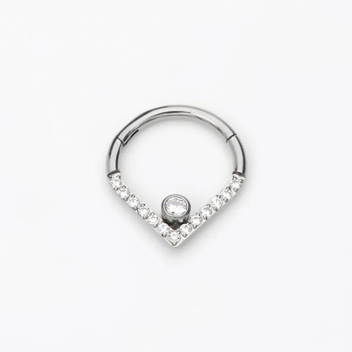 Glitters Rings Titanium CZ Paved Chevron Segment Hoop Ring with CZ Center Silver Glitters Rings Titanium CZ Paved Chevron Segment Hoop Ring with CZ Center Silver