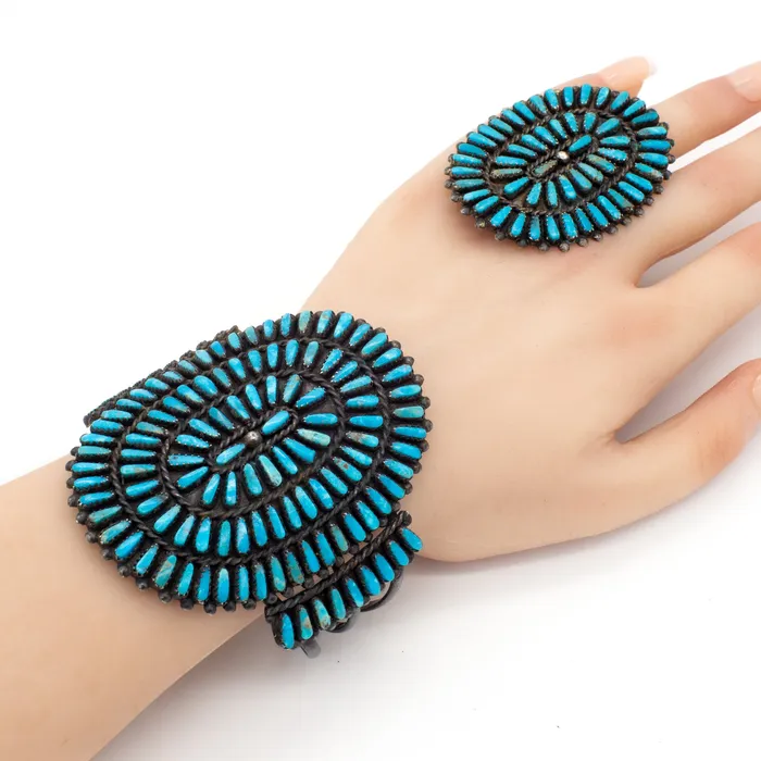 Hallmark V Vintage Handmade Sterling Silver Turquoise Squash Blossom 4pc Set Crown Jewels Coin Rings