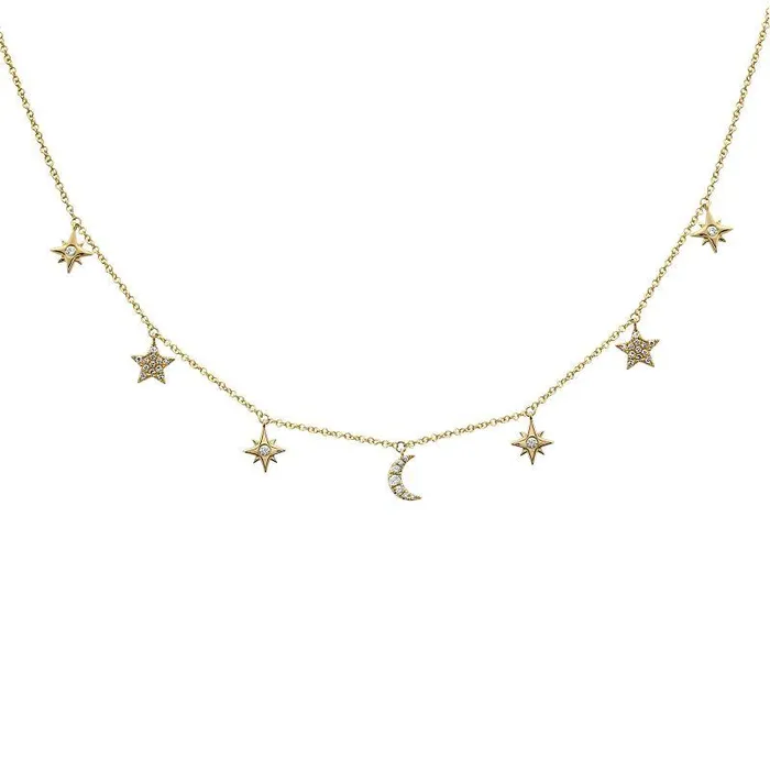 Izakov Diamonds Fine Jewelry Necklaces 14K Gold Diamond Pave Dangling Moon Stars Necklace Izakov Diamonds Fine Jewelry Necklaces 14K Gold Diamond Pave Dangling Moon Stars Necklace