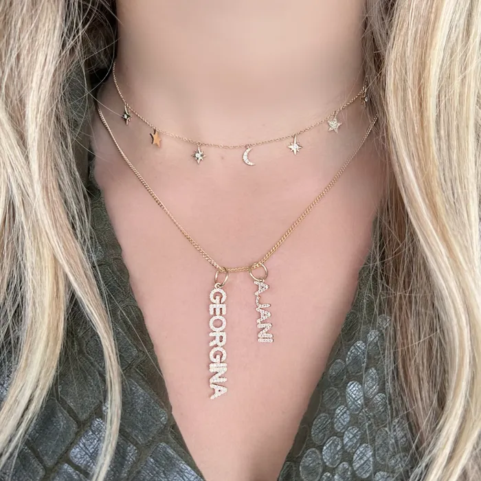Izakov Diamonds Fine Jewelry Necklaces 14K Gold Diamond Pave Dangling Moon Stars Necklace