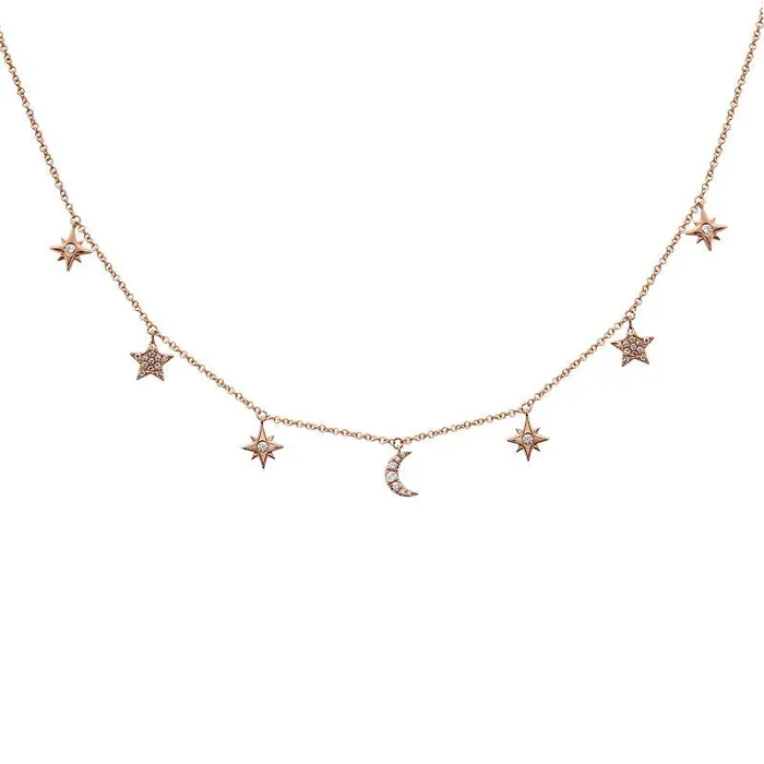 Izakov Diamonds Fine Jewelry Necklaces 14K Gold Diamond Pave Dangling Moon Stars Necklace