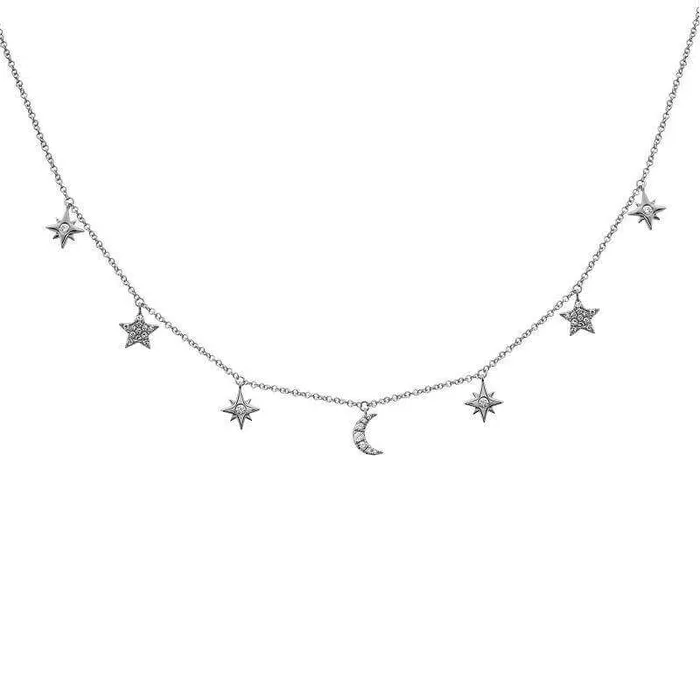 Izakov Diamonds Fine Jewelry Necklaces 14K Gold Diamond Pave Dangling Moon Stars Necklace
