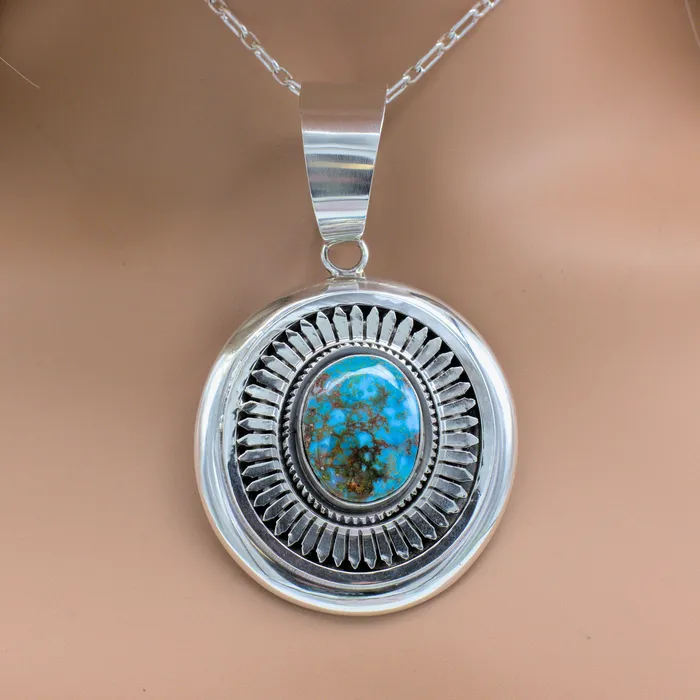 Necklaces Crown Jewels Coin Leonard Nez Navajo Handmade Sterling Silver Turquoise Pendant