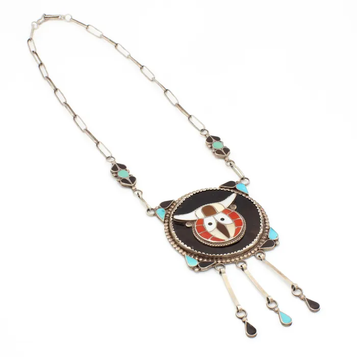 Necklaces Crown Jewels Coin Zuni Handmade Inlay Sterling Silver Owl Necklace Hallmark MR Necklaces Crown Jewels Coin Zuni Handmade Inlay Sterling Silver Owl Necklace Hallmark MR