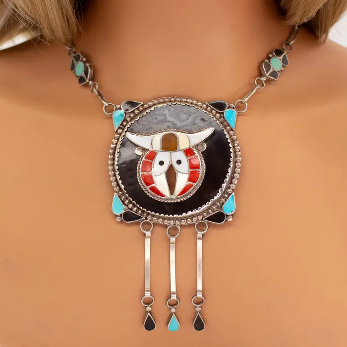 Necklaces Crown Jewels Coin Zuni Handmade Inlay Sterling Silver Owl Necklace Hallmark MR