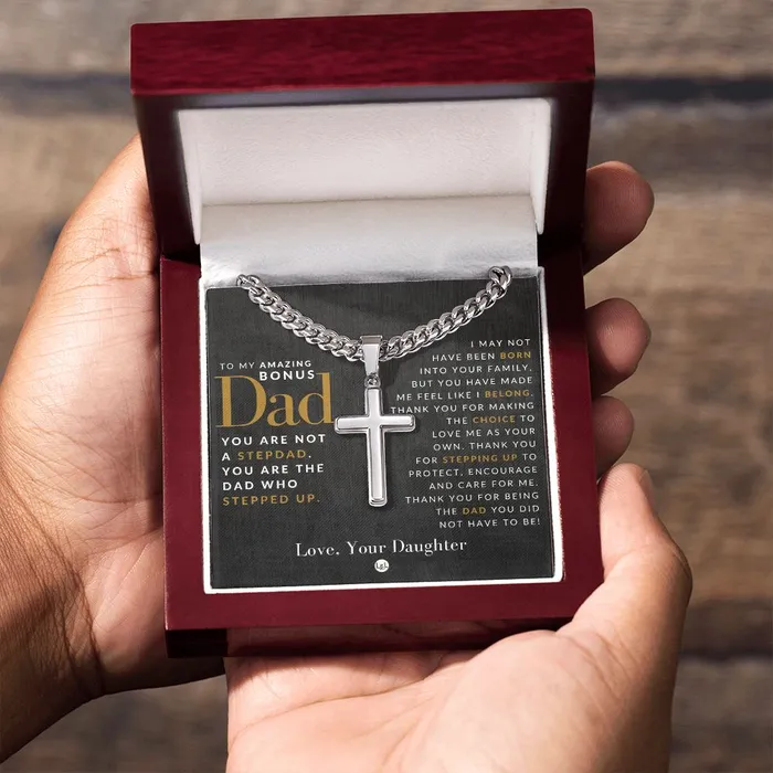 Necklaces Gift For Bonus Dad From Daughter Step Dad Gift Bonus Dad Gift Cuban Chain with Artisan Cross Necklace ShineOn Fulfillment