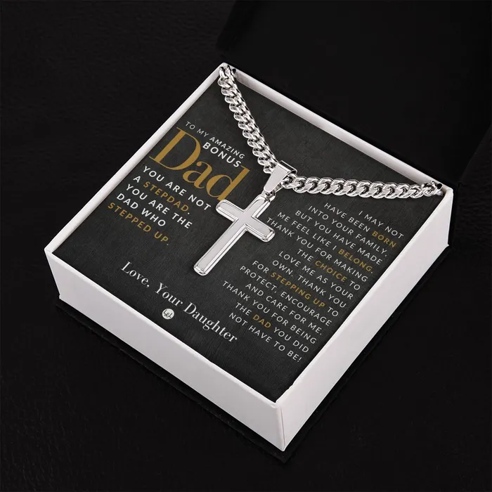 Necklaces Gift For Bonus Dad From Daughter Step Dad Gift Bonus Dad Gift Cuban Chain with Artisan Cross Necklace ShineOn Fulfillment