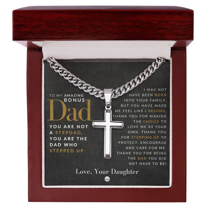Necklaces Gift For Bonus Dad From Daughter Step Dad Gift Bonus Dad Gift Cuban Chain with Artisan Cross Necklace ShineOn Fulfillment