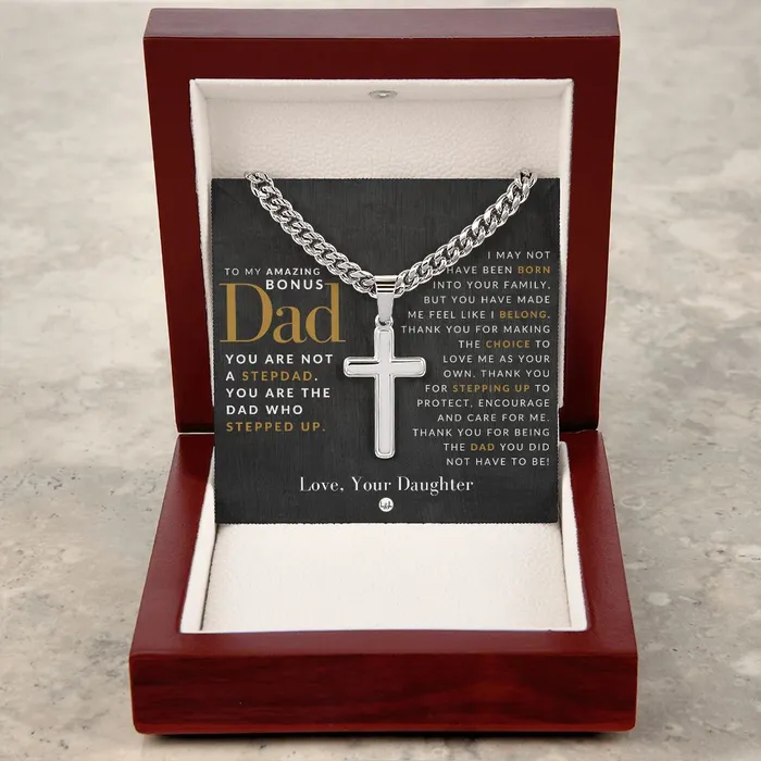 Necklaces Gift For Bonus Dad From Daughter Step Dad Gift Bonus Dad Gift Cuban Chain with Artisan Cross Necklace ShineOn Fulfillment