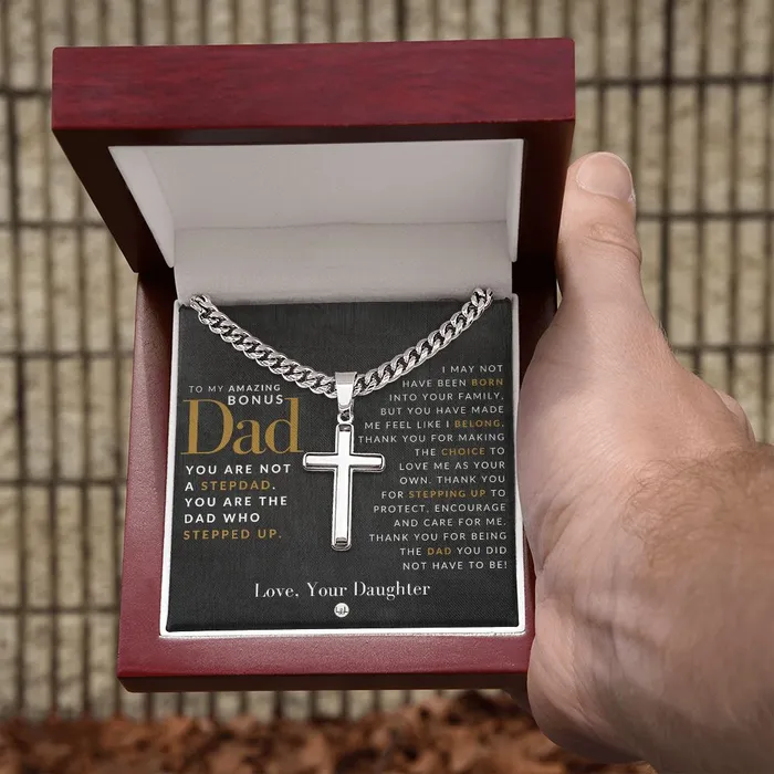 Necklaces Gift For Bonus Dad From Daughter Step Dad Gift Bonus Dad Gift Cuban Chain with Artisan Cross Necklace ShineOn Fulfillment