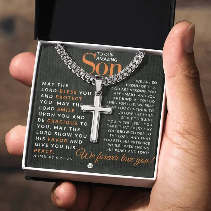 Necklaces ShineOn Fulfillment Gift For Our Son Numbers 62426 Christian Encouragement Christian Cross Pendant on Mens Chain Necklace Great for Christmas His Birthday Baptism or Confirmation