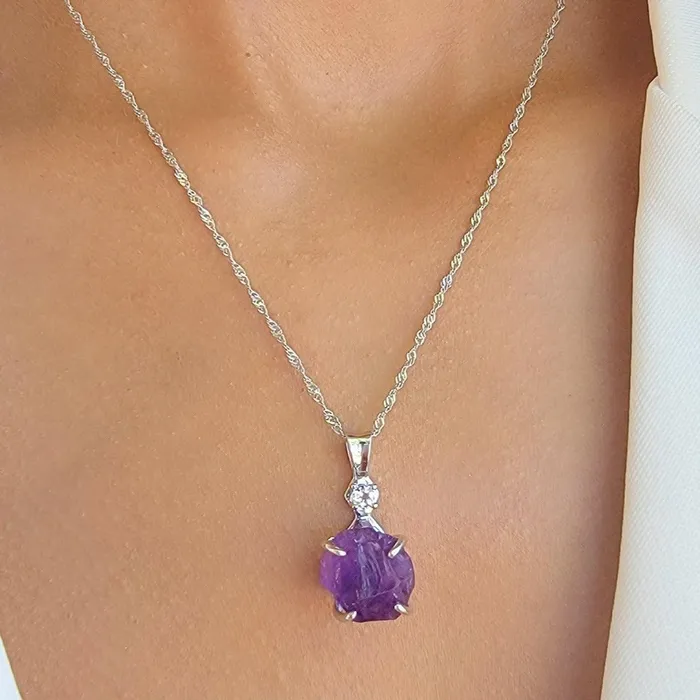 Necklaces Uniquelan Jewelry Raw Amethyst and Quartz Necklace