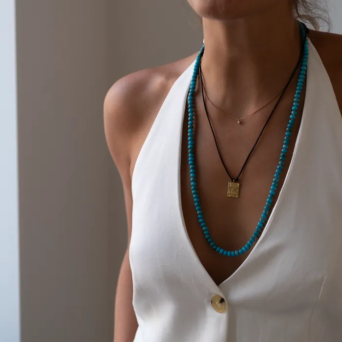 Necklaces Vivien Frank Designs Long Turquoise necklace 14k gold knotted