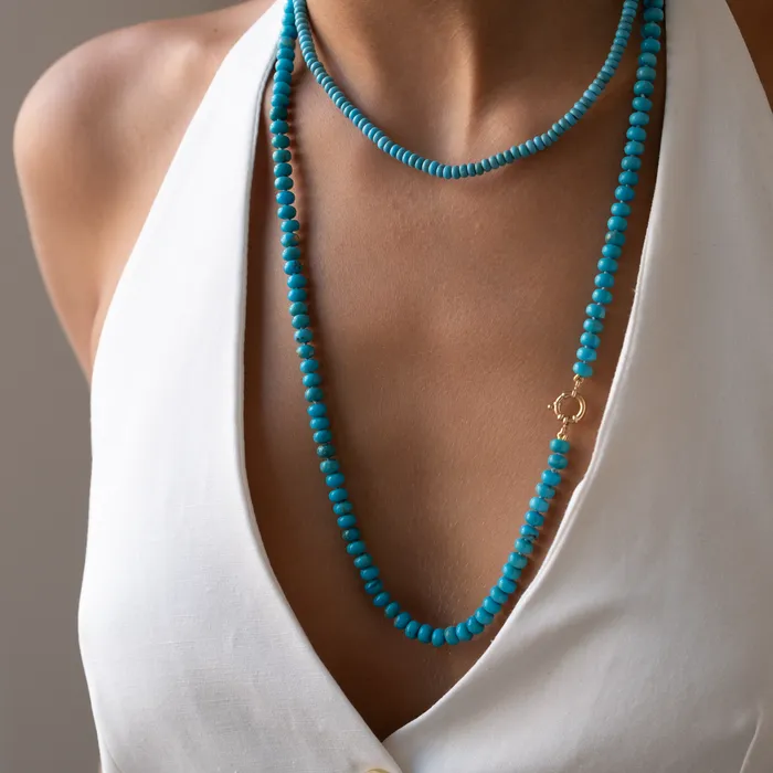 Necklaces Vivien Frank Designs Long Turquoise necklace 14k gold knotted