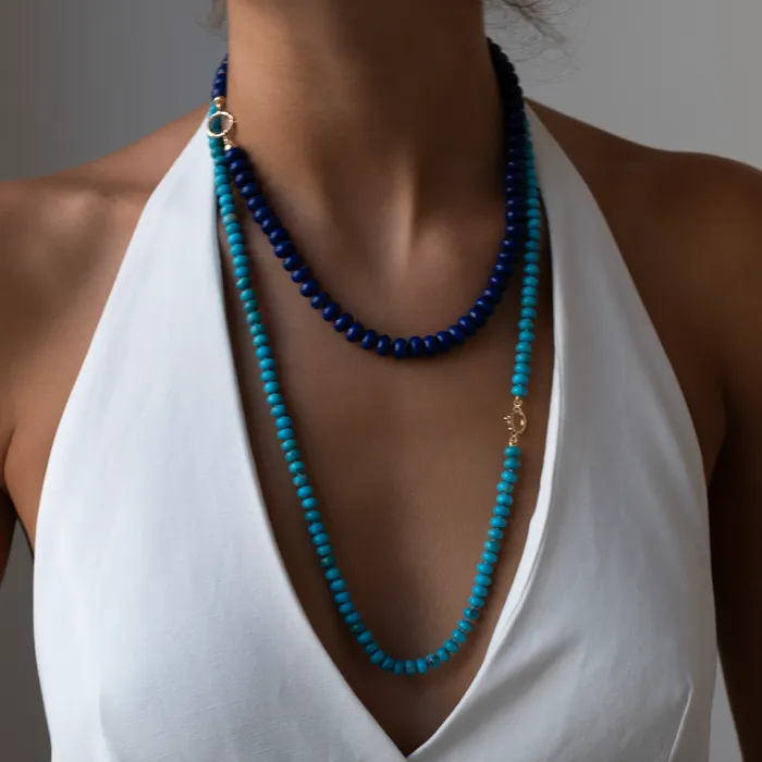 Necklaces Vivien Frank Designs Long Turquoise necklace 14k gold knotted