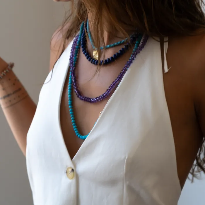 Necklaces Vivien Frank Designs Long Turquoise necklace 14k gold knotted