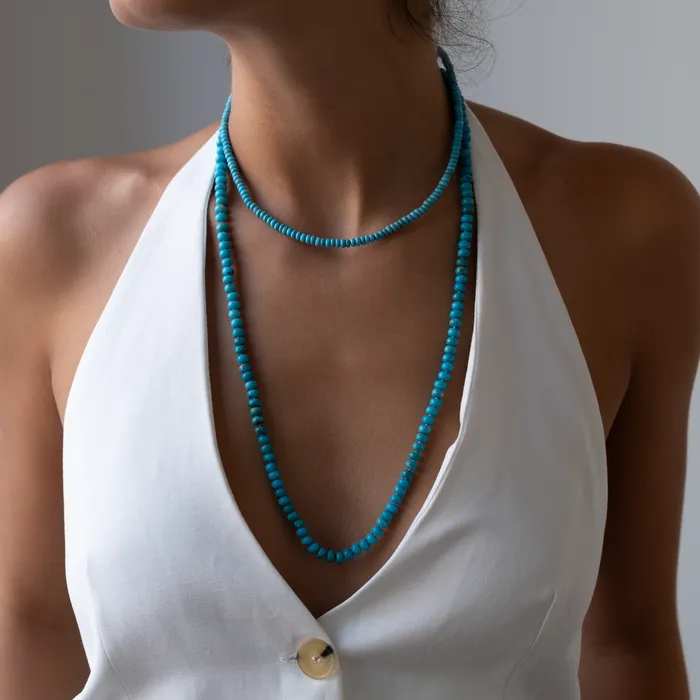 Necklaces Vivien Frank Designs Long Turquoise necklace 14k gold knotted