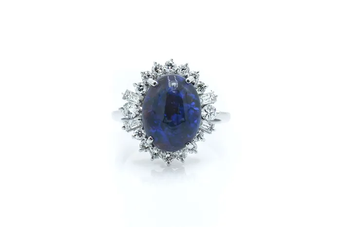 Rings Crown Jewels Coin Vintage Platinum Blue Opal and Diamond Halo Ring Rings Crown Jewels Coin Vintage Platinum Blue Opal and Diamond Halo Ring