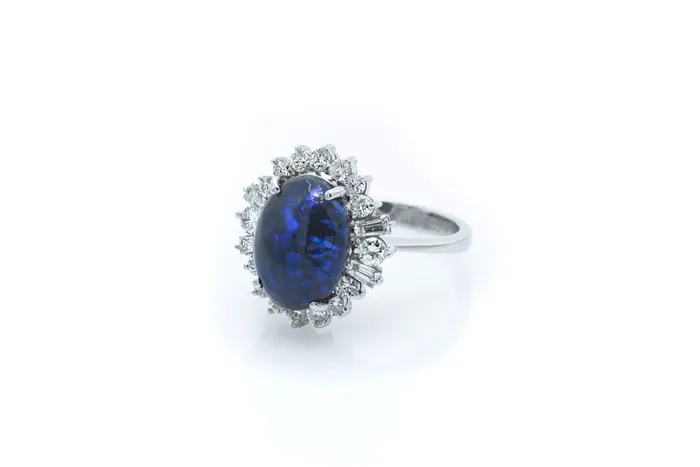 Rings Crown Jewels Coin Vintage Platinum Blue Opal and Diamond Halo Ring