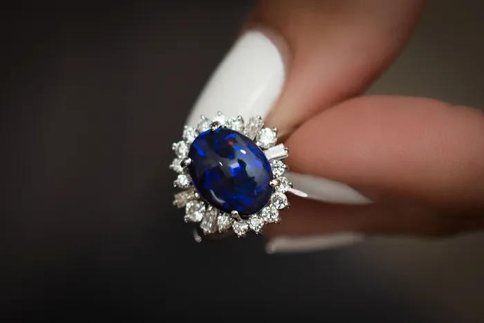 Rings Crown Jewels Coin Vintage Platinum Blue Opal and Diamond Halo Ring