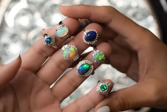 Rings Crown Jewels Coin Vintage Platinum Blue Opal and Diamond Halo Ring