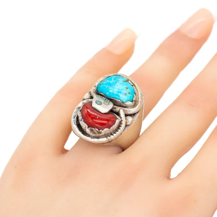 Rings Dan Simplicio Handmade Sterling Silver Natural Turquoise Mediterranean Coral Ring Crown Jewels Coin