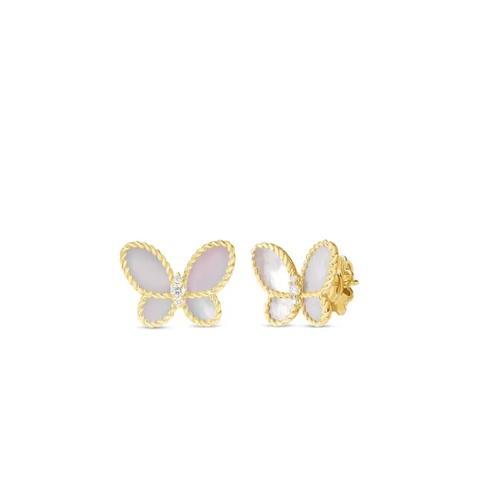 ROBERTO COIN Earrings 18K Yellow Gold Jasmine Diamond and Mother of Pearl Butterfly Stud Earrings