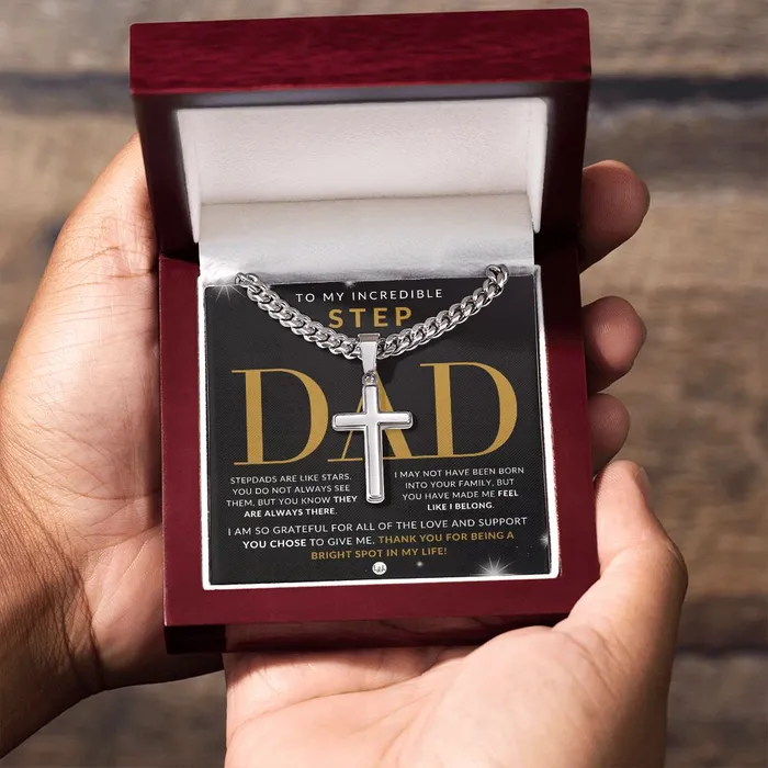 ShineOn Fulfillment Necklaces Gift For Step Dad Bonus Dad Gift Cuban Chain with Artisan Cross Necklace Christian Jewelry For Him For Fathers Day Christmas or His Birthday
