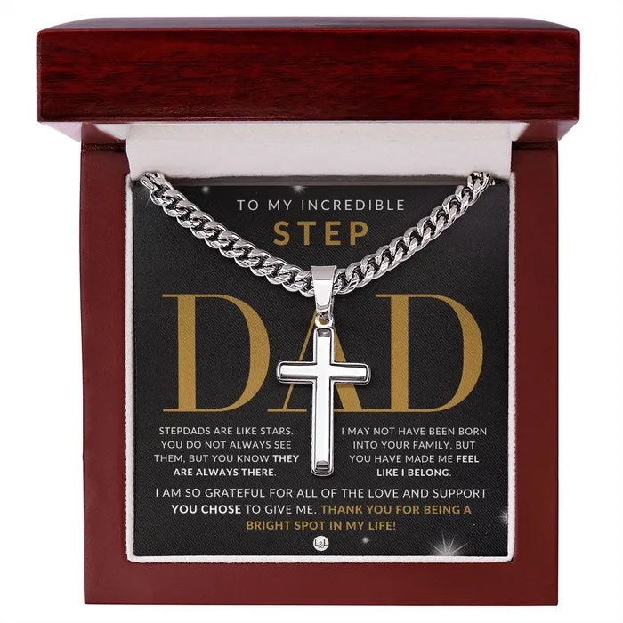 ShineOn Fulfillment Necklaces Gift For Step Dad Bonus Dad Gift Cuban Chain with Artisan Cross Necklace Christian Jewelry For Him For Fathers Day Christmas or His Birthday