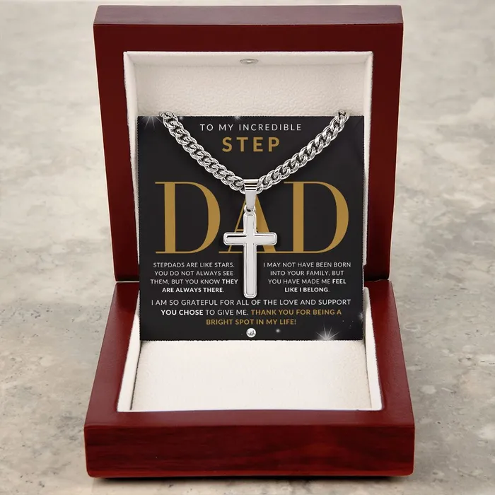ShineOn Fulfillment Necklaces Gift For Step Dad Bonus Dad Gift Cuban Chain with Artisan Cross Necklace Christian Jewelry For Him For Fathers Day Christmas or His Birthday