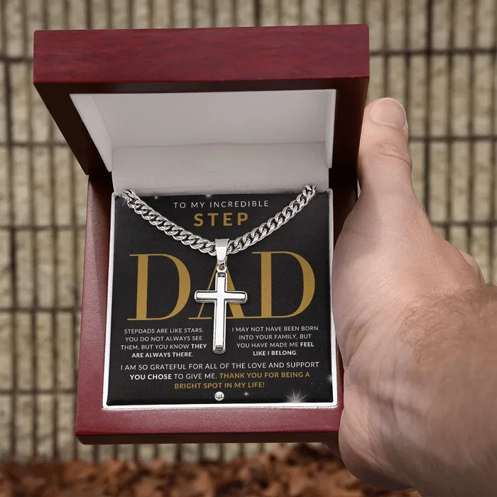 ShineOn Fulfillment Necklaces Gift For Step Dad Bonus Dad Gift Cuban Chain with Artisan Cross Necklace Christian Jewelry For Him For Fathers Day Christmas or His Birthday