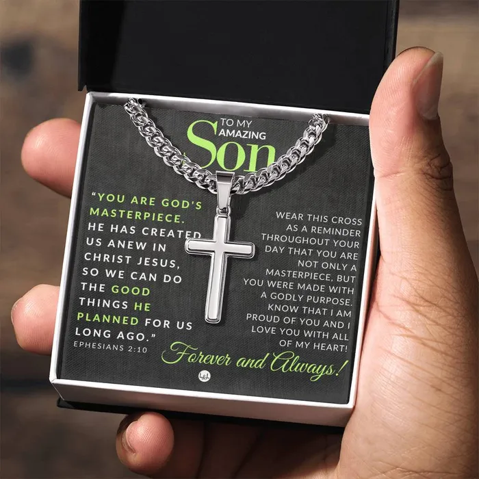 ShineOn Fulfillment Son Gift Ephesians 210 Christian Encouragement Christian Cross Pendant on Mens Chain Necklace Great for Christmas His Birthday Baptism or Confirmation Necklaces