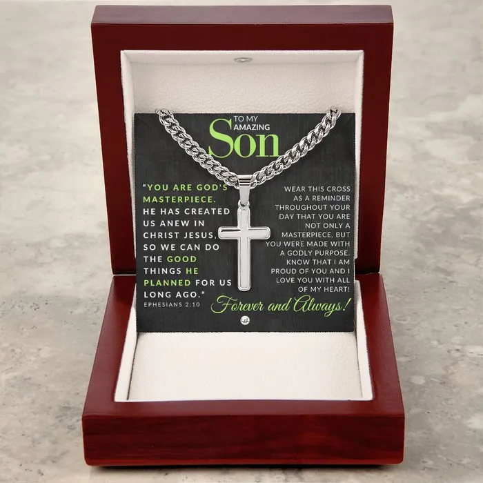 ShineOn Fulfillment Son Gift Ephesians 210 Christian Encouragement Christian Cross Pendant on Mens Chain Necklace Great for Christmas His Birthday Baptism or Confirmation Necklaces