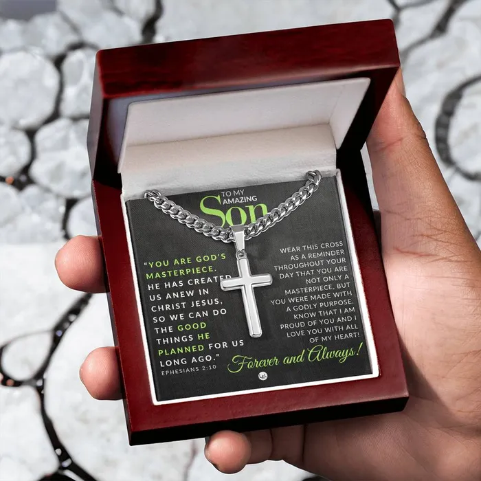 ShineOn Fulfillment Son Gift Ephesians 210 Christian Encouragement Christian Cross Pendant on Mens Chain Necklace Great for Christmas His Birthday Baptism or Confirmation Necklaces