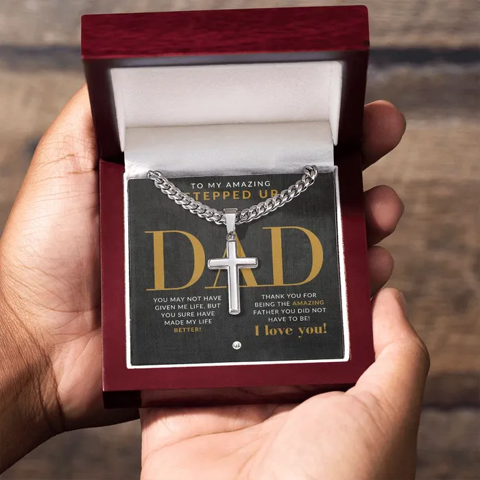 Stepped Up Dad Present Mens Chain with Engravable Cross Necklace Christian Jewelry For Dad For Fathers Day Christmas or His Birthday ShineOn Fulfillment Necklaces
