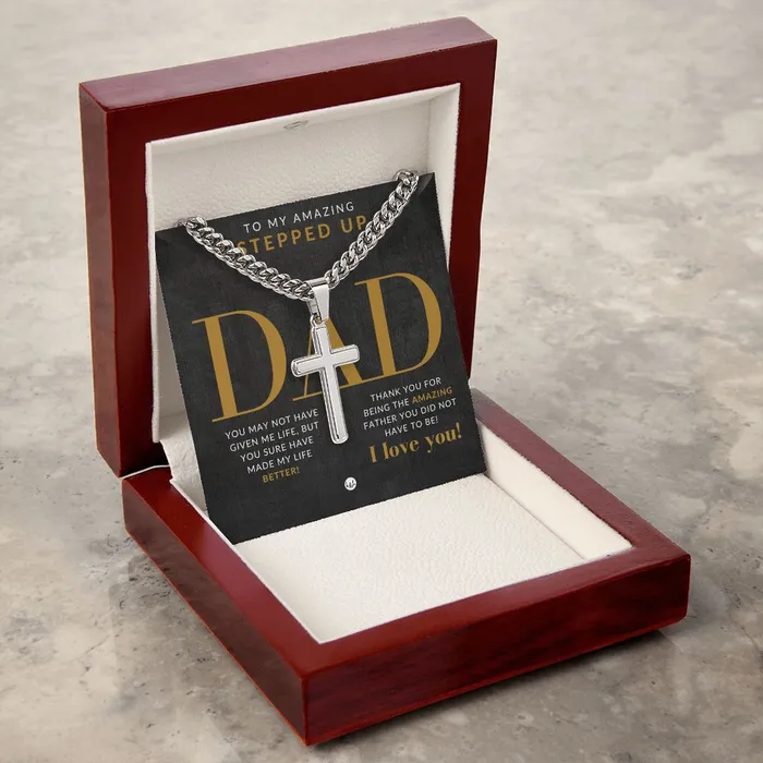Stepped Up Dad Present Mens Chain with Engravable Cross Necklace Christian Jewelry For Dad For Fathers Day Christmas or His Birthday ShineOn Fulfillment Necklaces