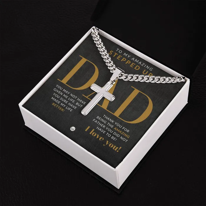 Stepped Up Dad Present Mens Chain with Engravable Cross Necklace Christian Jewelry For Dad For Fathers Day Christmas or His Birthday ShineOn Fulfillment Necklaces