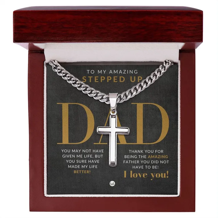 Stepped Up Dad Present Mens Chain with Engravable Cross Necklace Christian Jewelry For Dad For Fathers Day Christmas or His Birthday ShineOn Fulfillment Necklaces