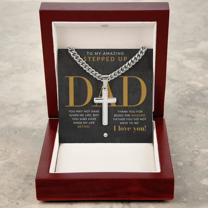 Stepped Up Dad Present Mens Chain with Engravable Cross Necklace Christian Jewelry For Dad For Fathers Day Christmas or His Birthday ShineOn Fulfillment Necklaces